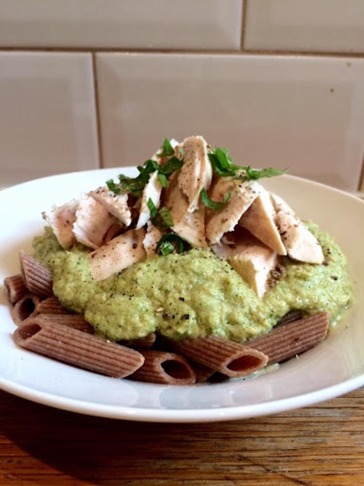 A Quick, Easy & Delicious Healthy Dinner Recipe: Broccoli Pesto Pasta With Streamed Chicken
